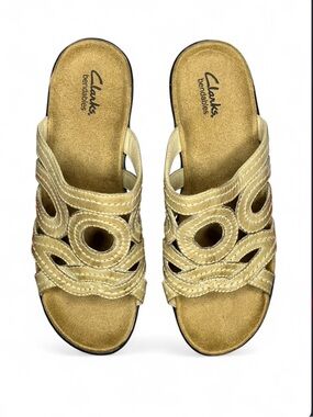 NEW - Clarks Tan Women's Leather Slide Wedge Sandals Size 9 Daily Casual Shoes